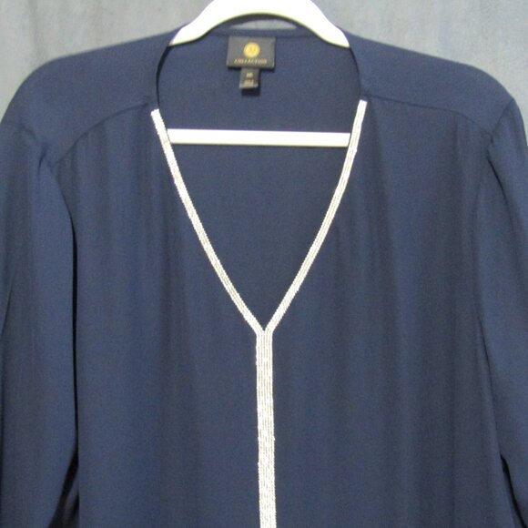 JM Collection Blue Rhinestone Top Size XXL 3/4 Elastic Sleeves Semi Sheer Bling - Picture 2 of 9